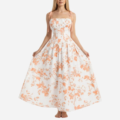 Smocked Floral Square Neck A-line Midi Dress