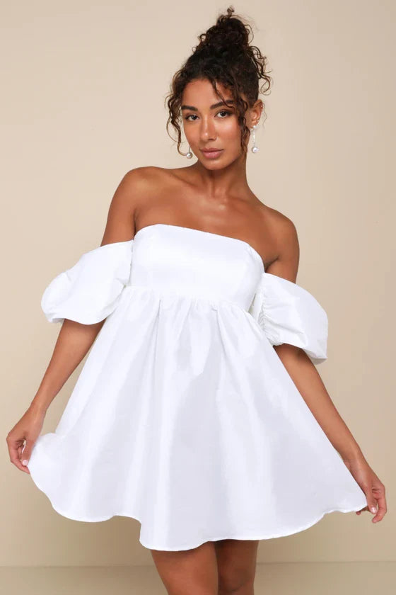 Flowering Girl Women Sweet Vision White Taffeta Off-The-Shoulder Babydoll Mini Dress