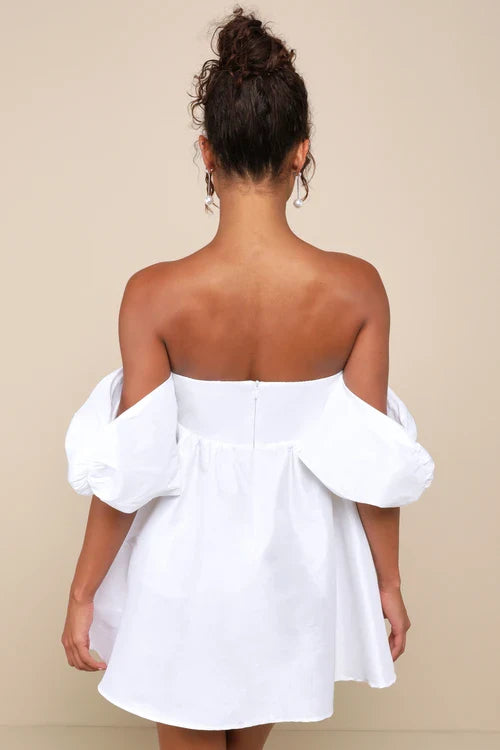 Flowering Girl Women Sweet Vision White Taffeta Off-The-Shoulder Babydoll Mini Dress