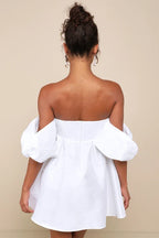 Flowering Girl Women Sweet Vision White Taffeta Off-The-Shoulder Babydoll Mini Dress