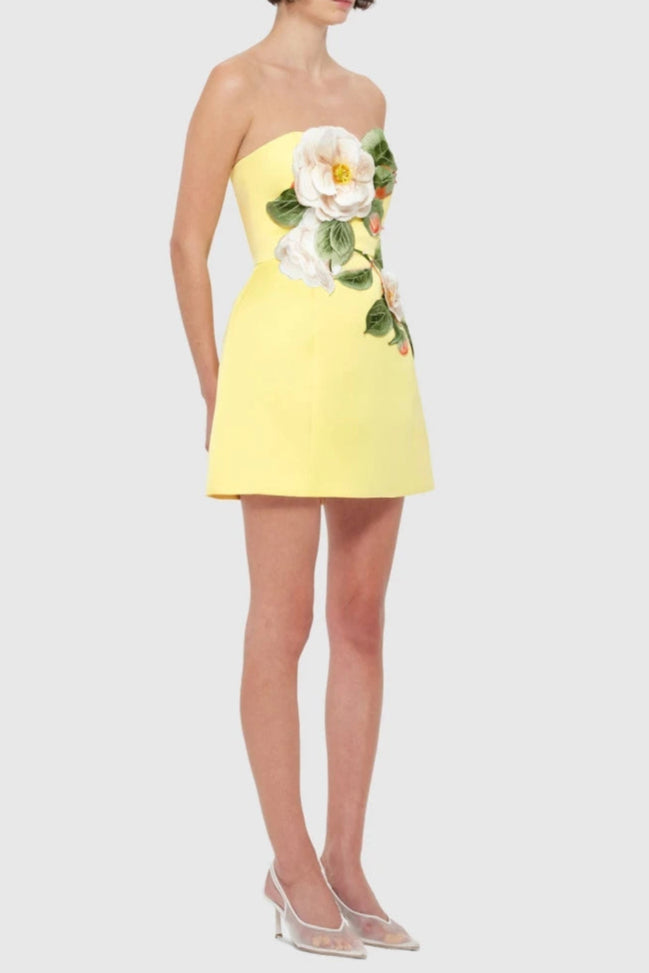 suzanne Appliqué Floral Bustier Mini Dress in yellow