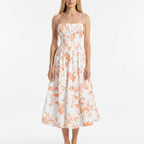 Smocked Floral Square Neck A-line Midi Dress