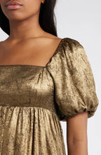 Flowering Girl Women trista square neck puff sleeve midi dress in gold