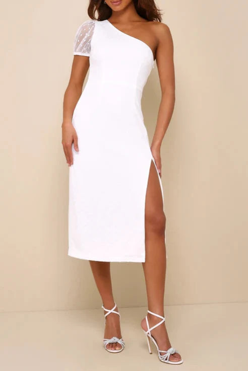 Flowering Girl Women Amazing Glamour White Polka Dot Mesh One-Shoulder Midi Dress