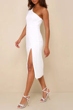 Flowering Girl Women Amazing Glamour White Polka Dot Mesh One-Shoulder Midi Dress