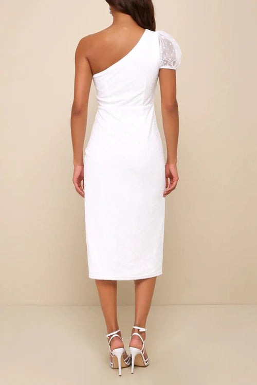 Flowering Girl Women Amazing Glamour White Polka Dot Mesh One-Shoulder Midi Dress