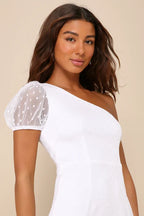 Flowering Girl Women Amazing Glamour White Polka Dot Mesh One-Shoulder Midi Dress