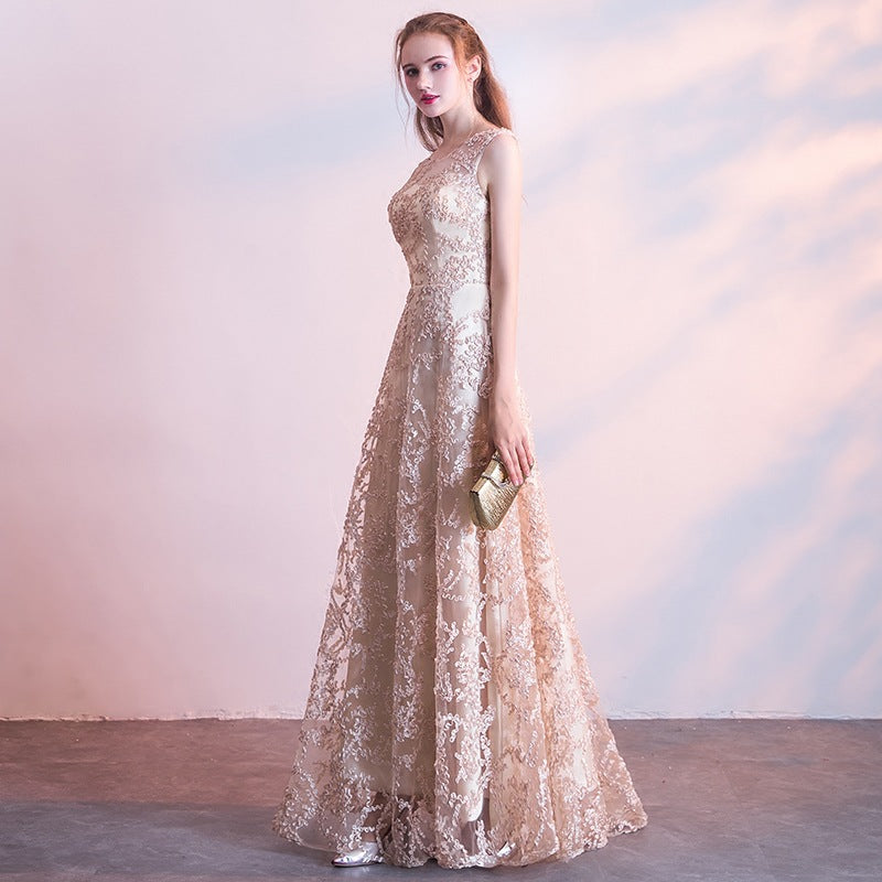 Queena Champagne elegant long evening gown suitable for banquets Maxi Dress
