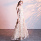 Queena Champagne elegant long evening gown suitable for banquets Maxi Dress