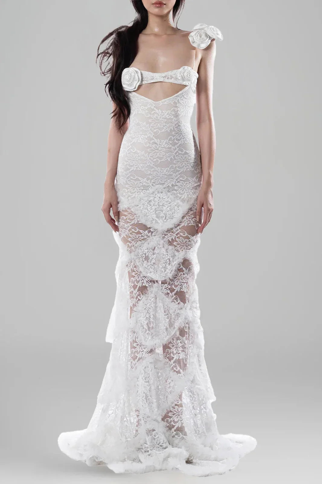 jessie White flower hollow Bodycon Fishtail Maxi Dress