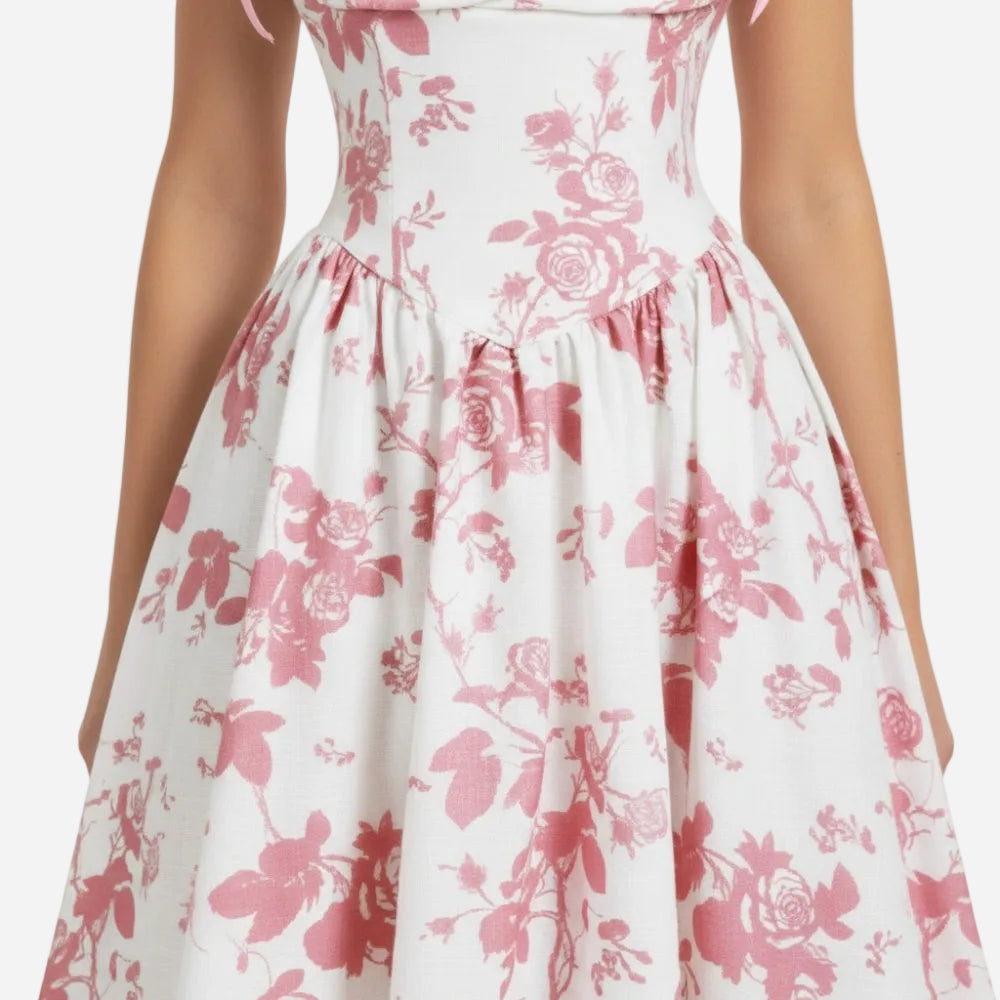 Smocked Floral Square Neck A-line Midi Dress