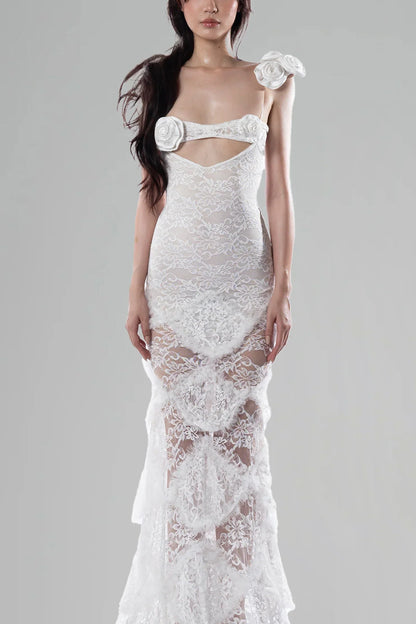 jessie White flower hollow Bodycon Fishtail Maxi Dress