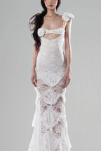 Jessie White Flower Hollow Bodycon Fishtail Maxi Dress