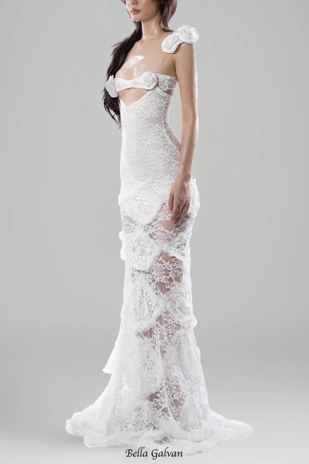jessie White flower hollow Bodycon Fishtail Maxi Dress
