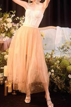 Peach Sparkle Tulle Corset Strapless Midi Dress