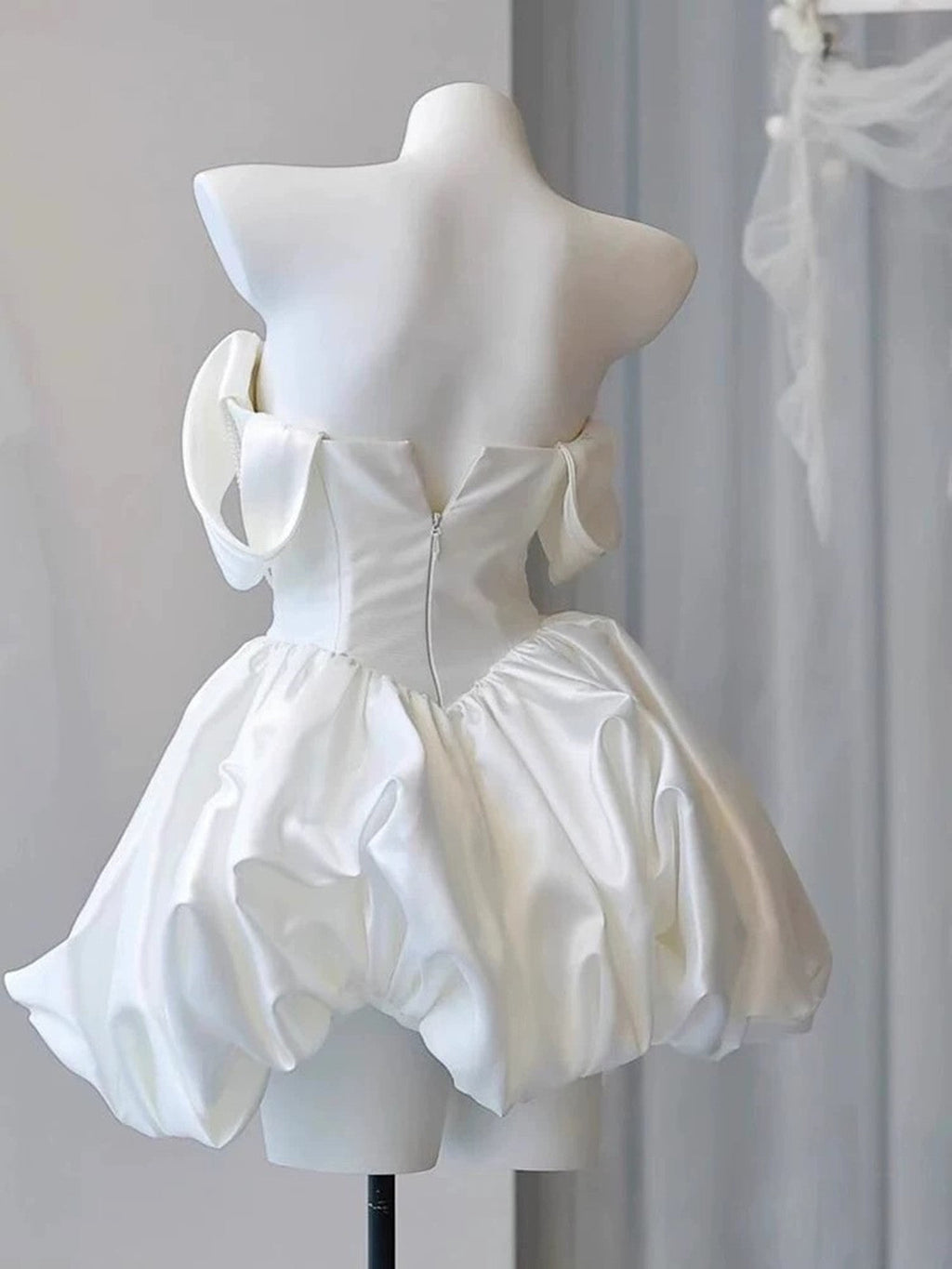 White Satin Beaded Off Shoulder Mini Dress