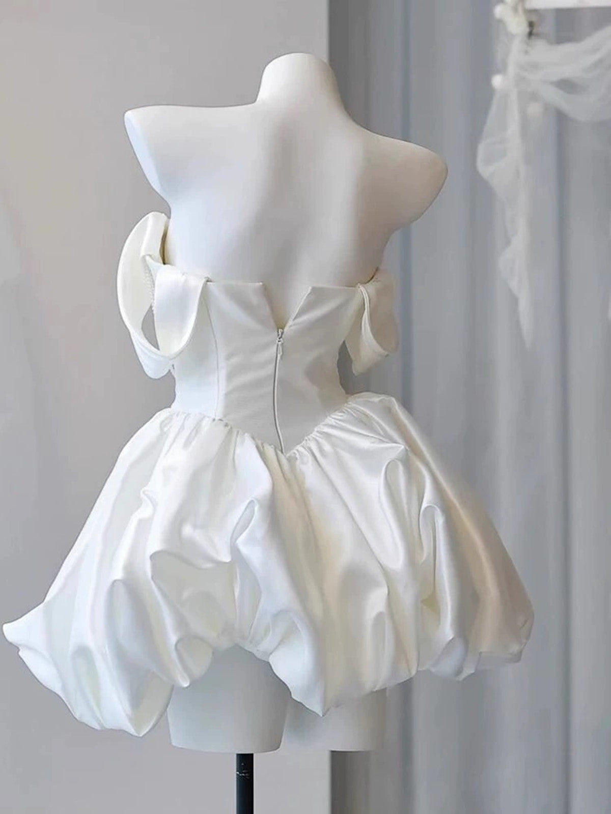 White Satin Beaded Off Shoulder Mini Dress