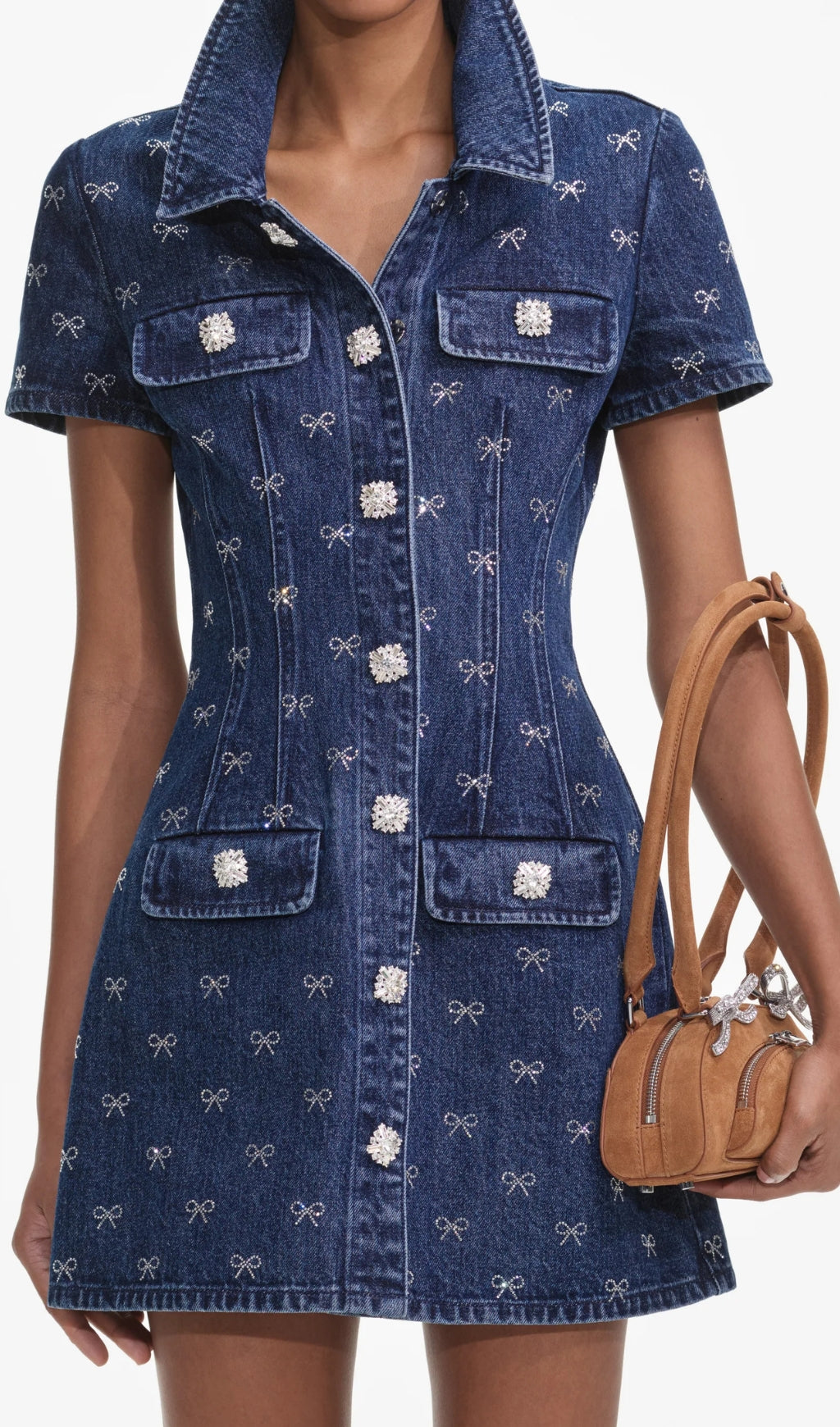 Flowering Girl Women Denim Diamante Bow Collared Mini Dress