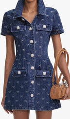Flowering Girl Women Denim Diamante Bow Collared Mini Dress