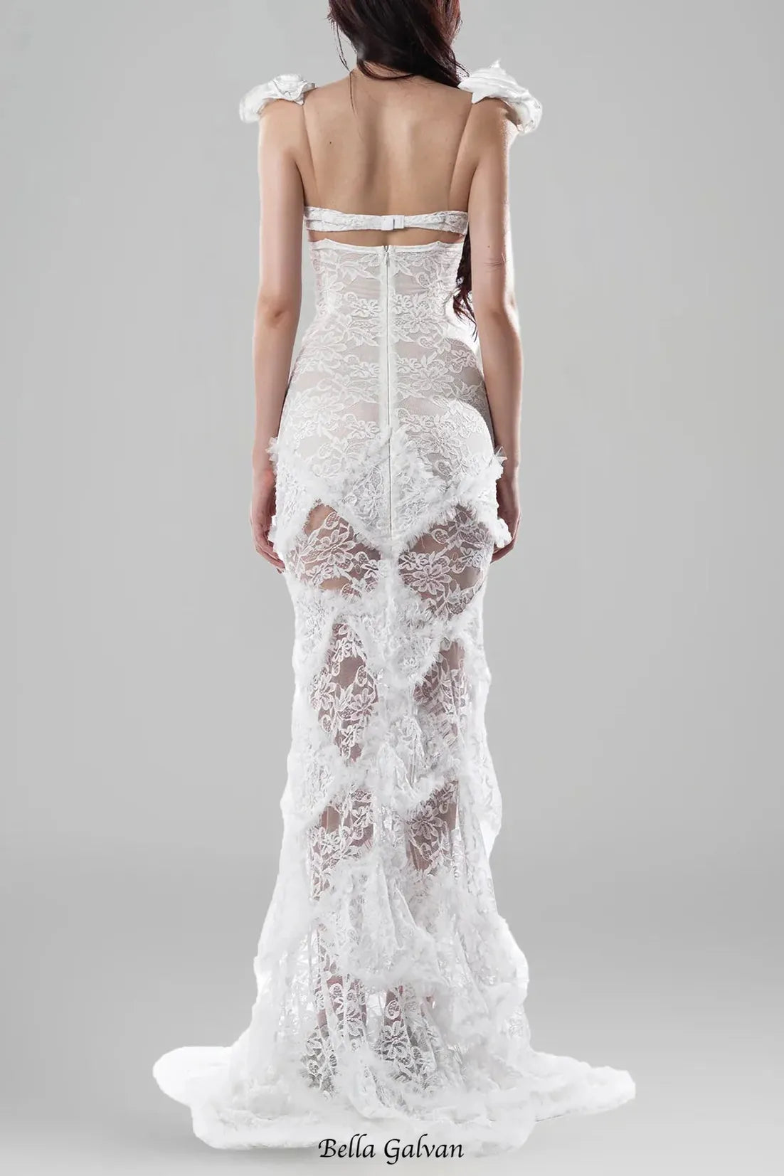 jessie White flower hollow Bodycon Fishtail Maxi Dress