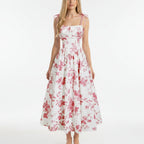 Smocked Floral Square Neck A-line Midi Dress