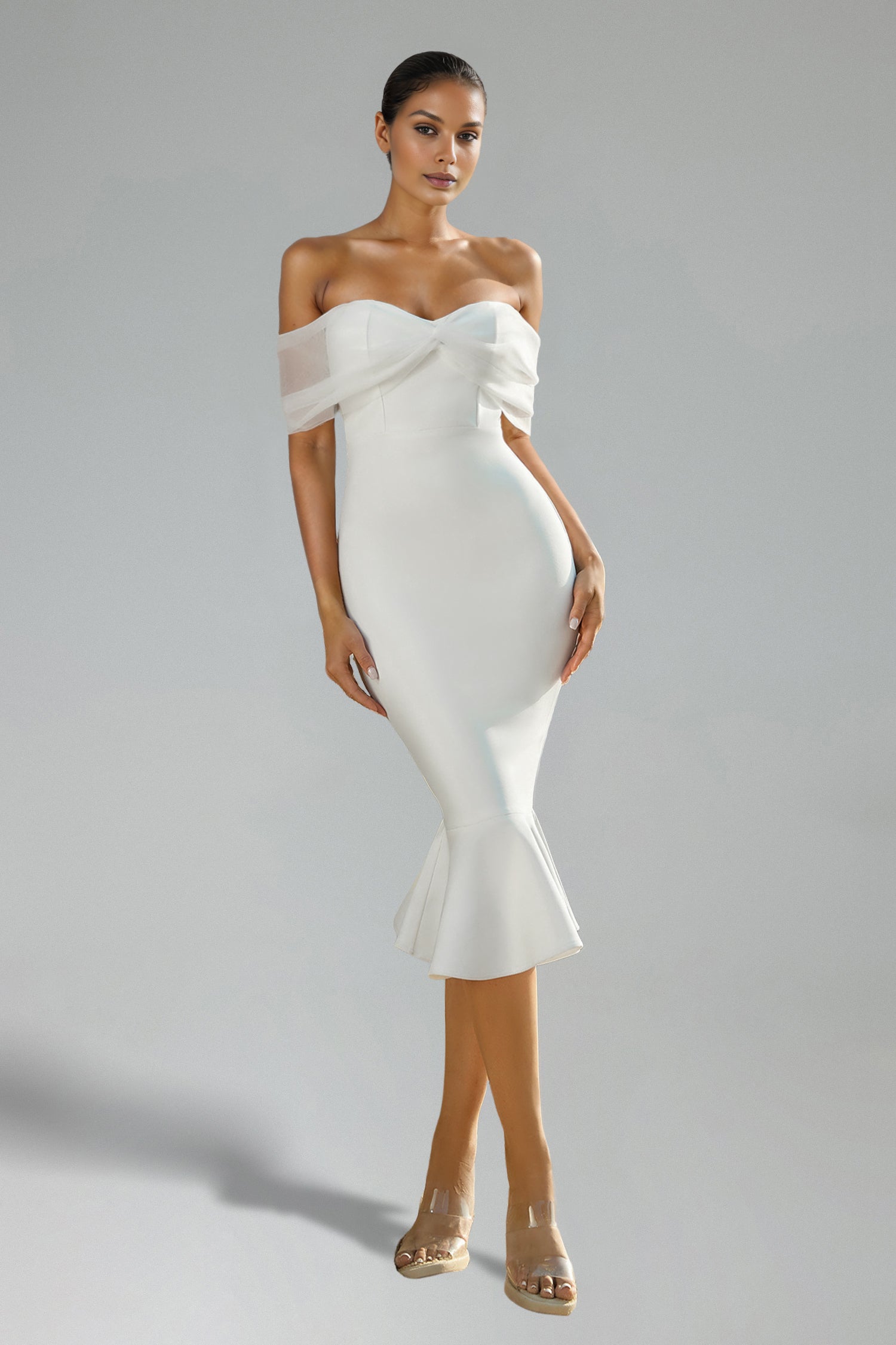 Flowering Girl Women Sophie Off Shoulder Bandage Fish Tail Midi Dress