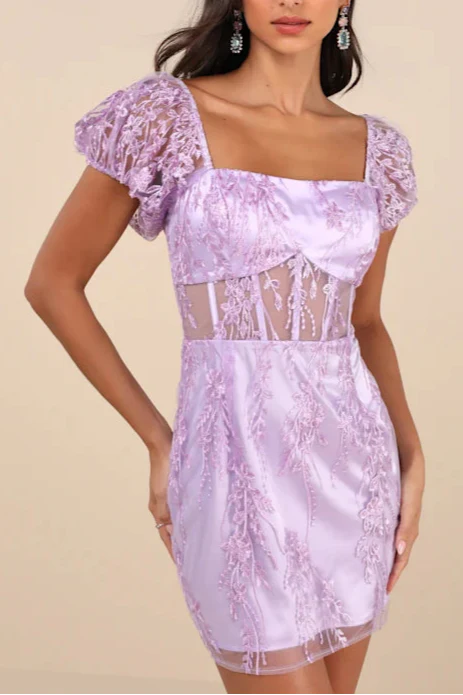 Flowering Girl Women Seriously Cute Lavender Embroidered Mesh Puff Sleeve Mini Dress