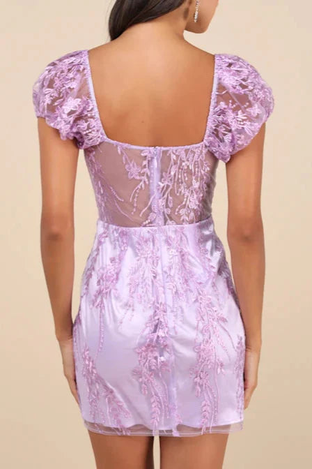 Flowering Girl Women Seriously Cute Lavender Embroidered Mesh Puff Sleeve Mini Dress