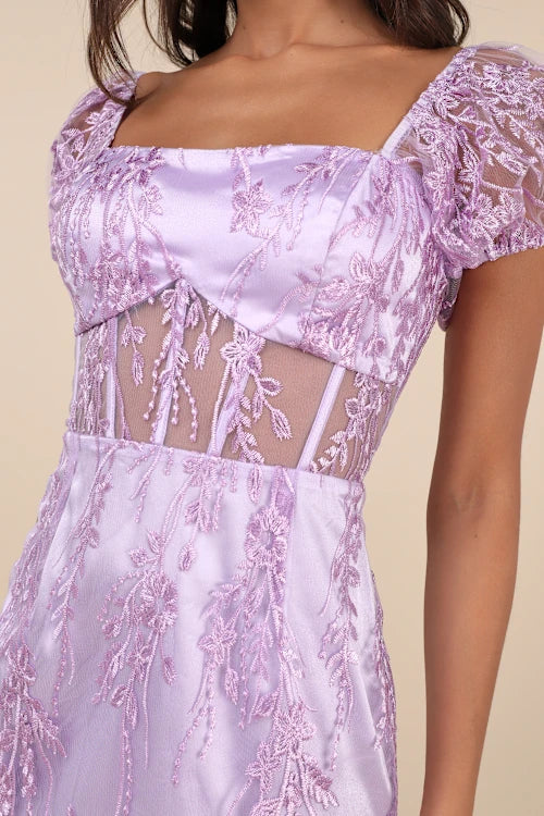 Flowering Girl Women Seriously Cute Lavender Embroidered Mesh Puff Sleeve Mini Dress