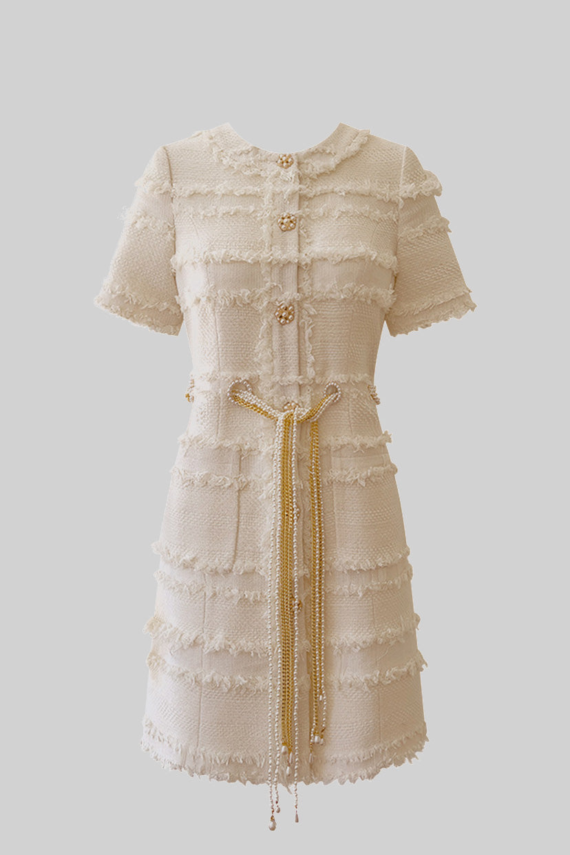 Flowering Girl Women marguerite Pearl Chain Tweed mini Dress - Beige