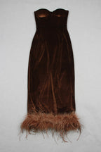 Strapless Bustier Feather Hem Midi Velvet Dress Brown