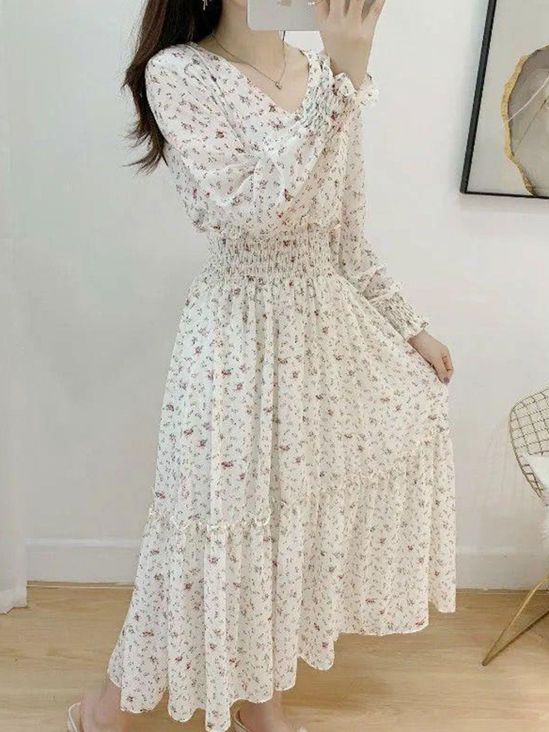 janet Classic Floral Ruffle Chiffon Dress-Yellow