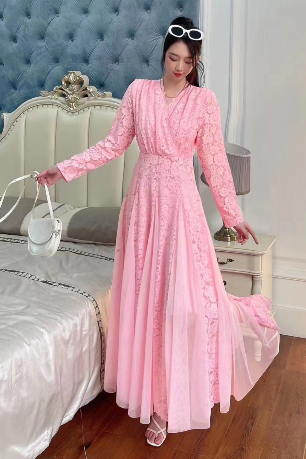 Flowering Girl Women Lace Splicing Long Sleeve Midi Dress