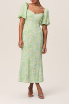 Flowering Girl Women Floral Puff Sleeve Midi Dress In Green