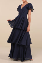 Flowering Girl Women Navy Blue Short Sleeve Tiered Maxi Dress