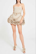 Flowering Girl Women Salome Beige Linen Corset Flower Details Mini Dress