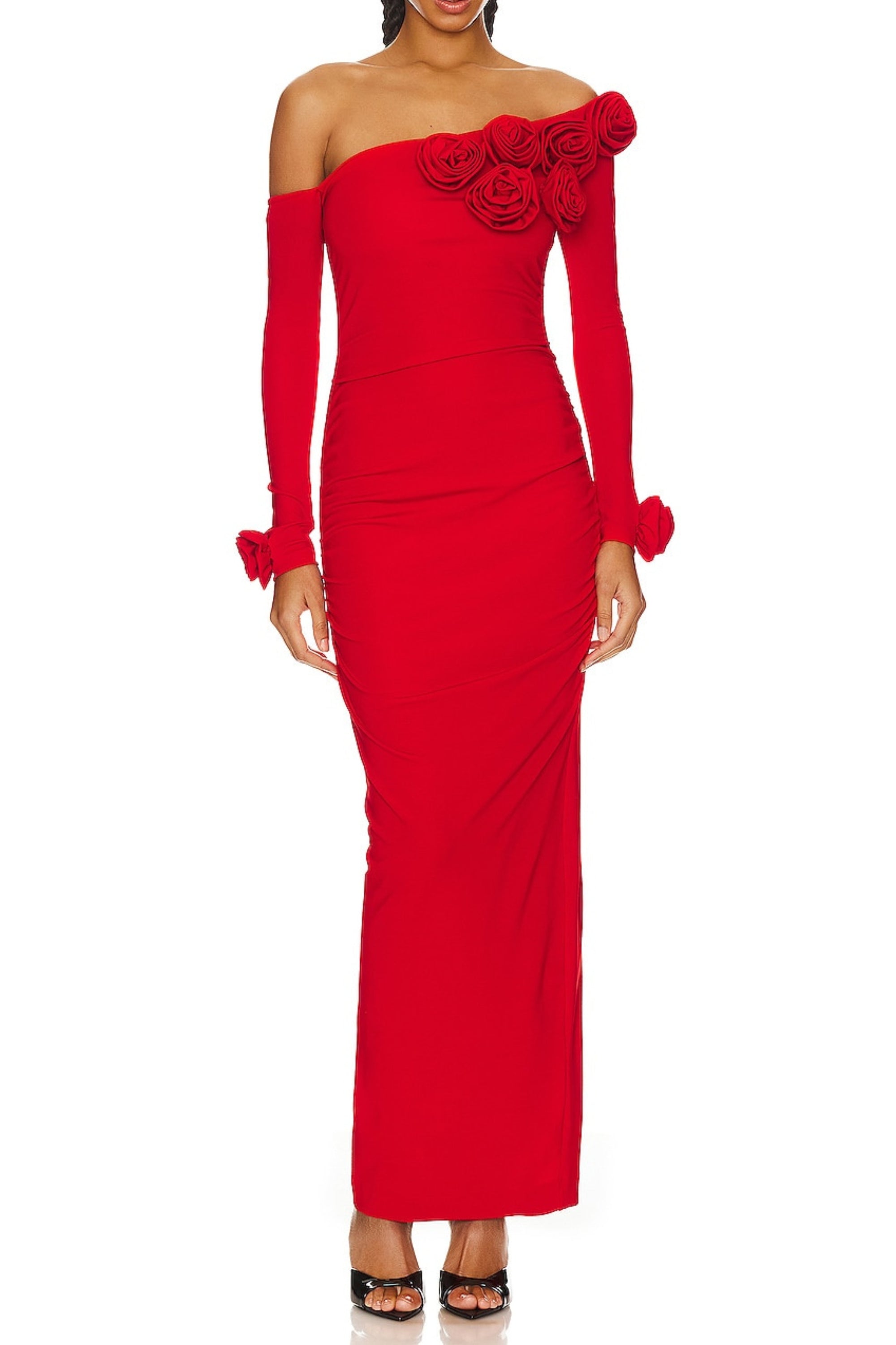 Off-Shoulder Flower Embellished Gathered Maxi Dress In Red