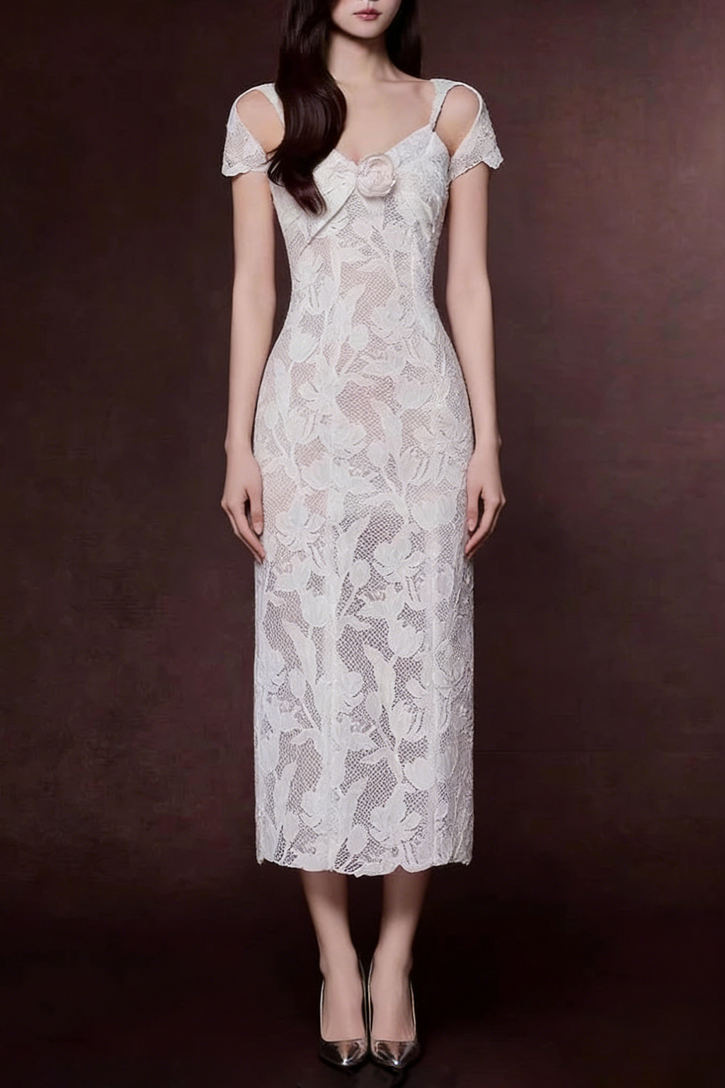 White Floral Lace Cold-Shoulder Midi Dress with 3D Rose