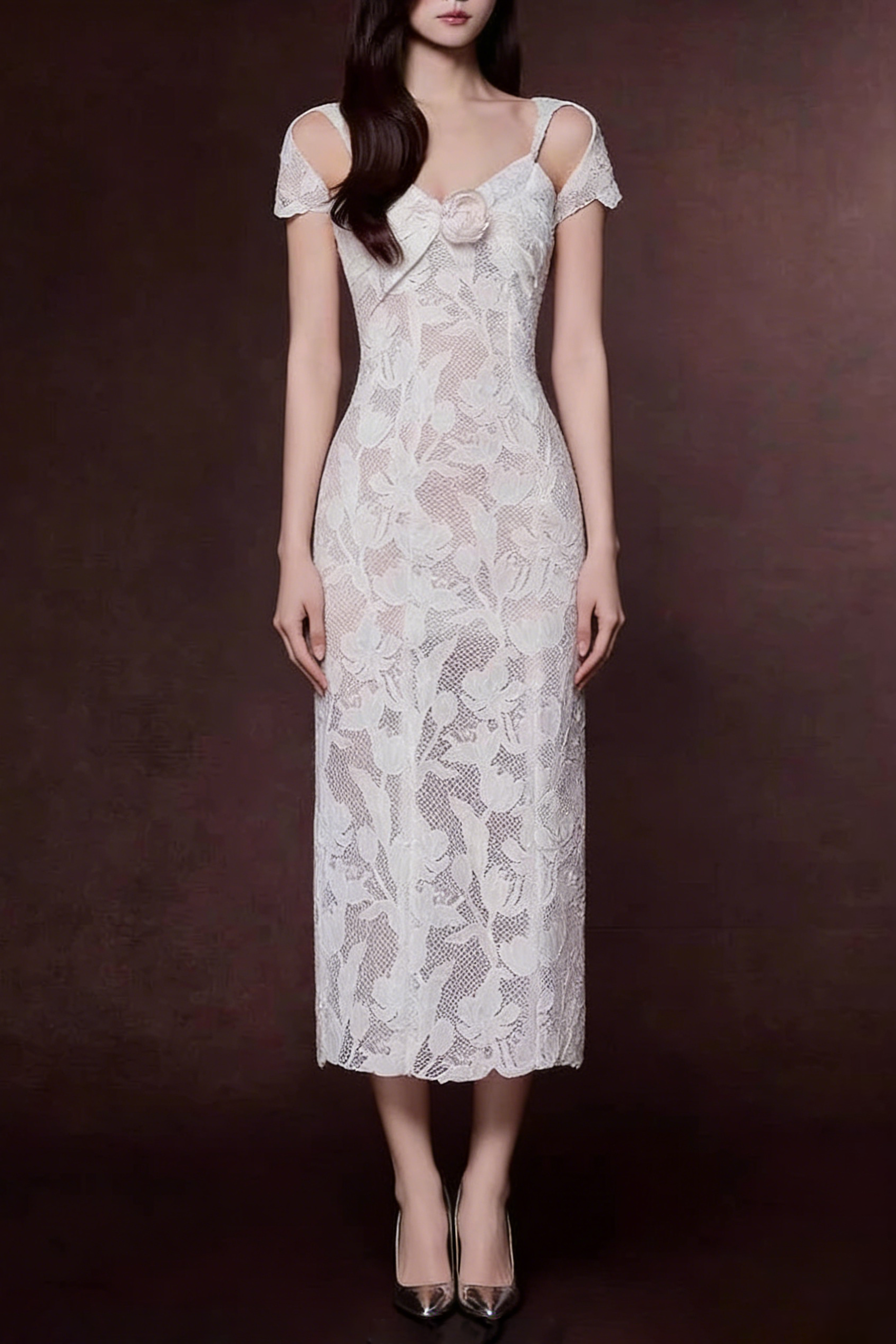 White Floral Lace Cold-Shoulder Midi Dress with 3D Rose