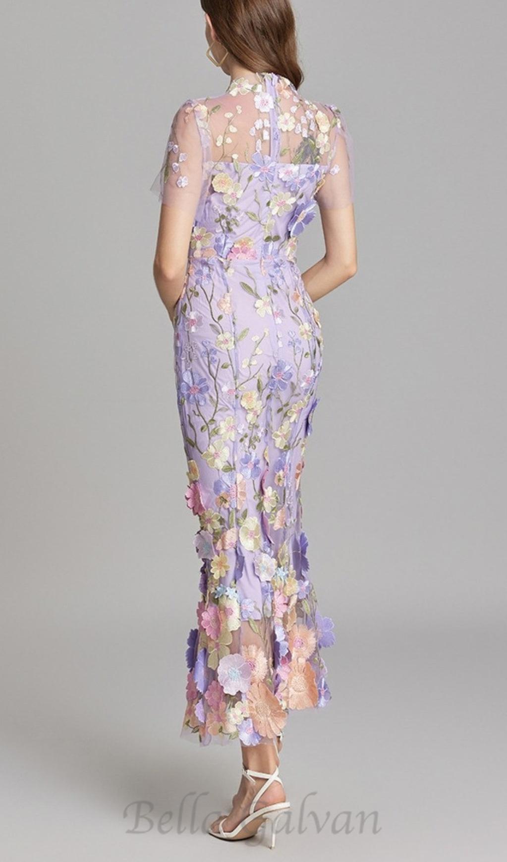 Flowering Girl Women FLORAL EMBROIDERY MESH FISHTAIL MIDI DRESS IN PURPLE