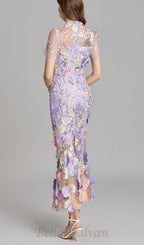 Flowering Girl Women FLORAL EMBROIDERY MESH FISHTAIL MIDI DRESS IN PURPLE