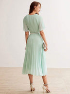 Mint Green Pleated Midi Dress with Belt
