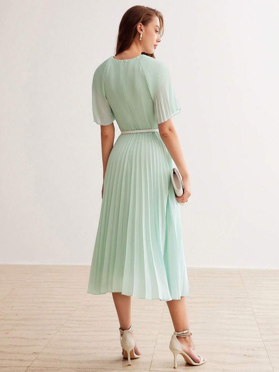 Mint Green Pleated Midi Dress with Belt