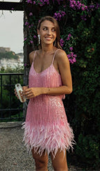Pink Tassel Feather Mini Dress