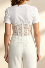 Flowering Girl Women White Spliced Floral Lace Corset Short Sleeve T-shirt