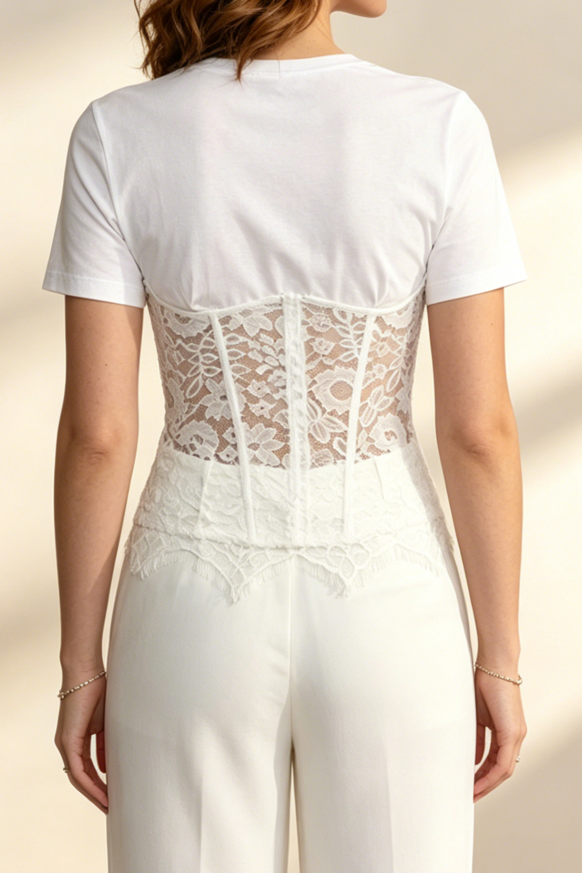 Flowering Girl Women White Spliced Floral Lace Corset Short Sleeve T-shirt