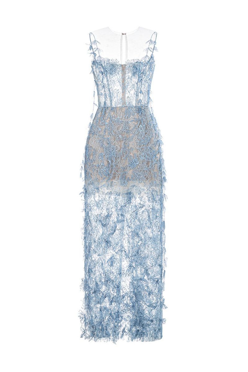 Flowering Girl Women BLUE BEADED LACE PENCIL MIDI DRESS