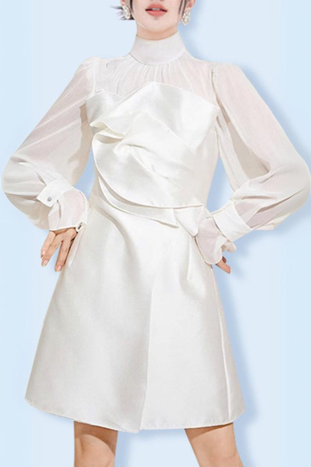 Flowering Girl Women White Mesh Long Sleeve Mini Dress