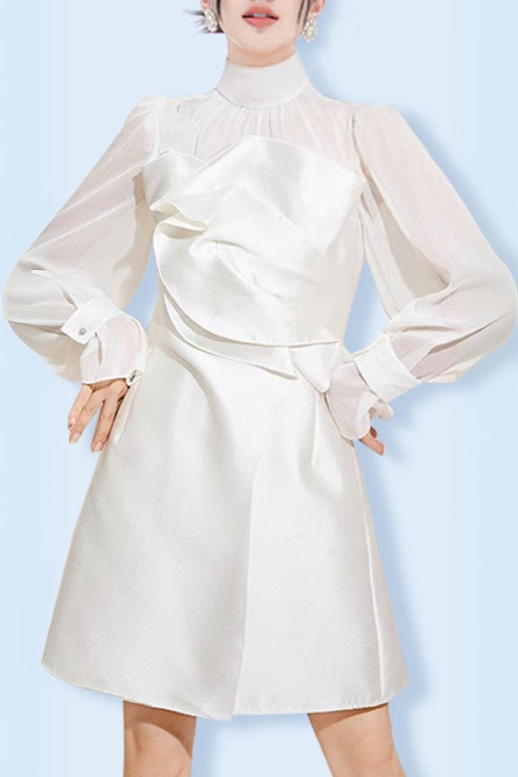 Flowering Girl Women White Mesh Long Sleeve Mini Dress
