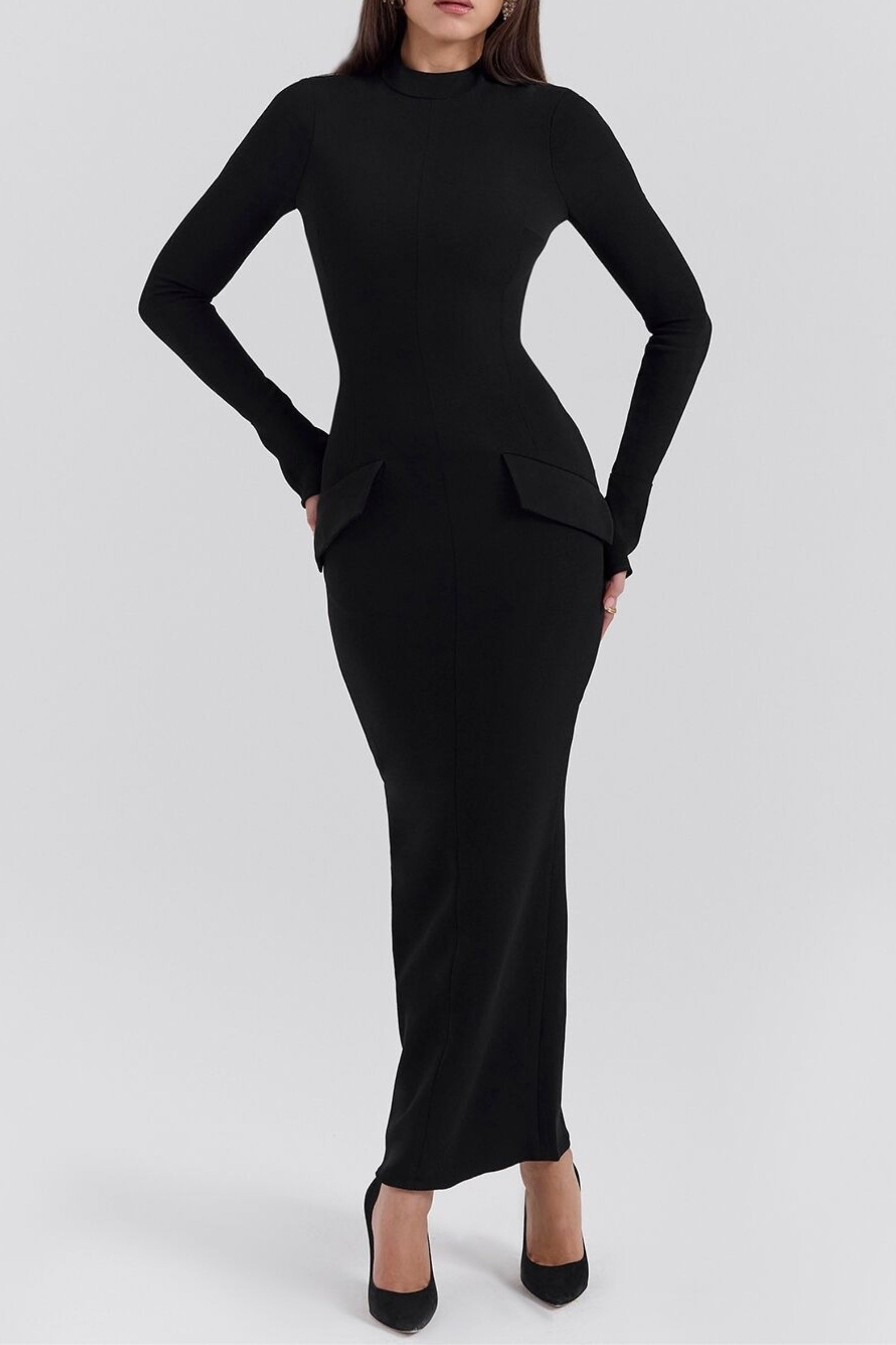 Flowering Girl Women Long Sleeve Bandage Maxi Dress In Black